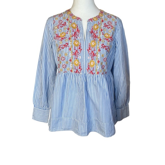 Crown & Ivy Blue White Stripe Embroidered Peplum Top Petite Medium Boho Peasant - Picture 1 of 11